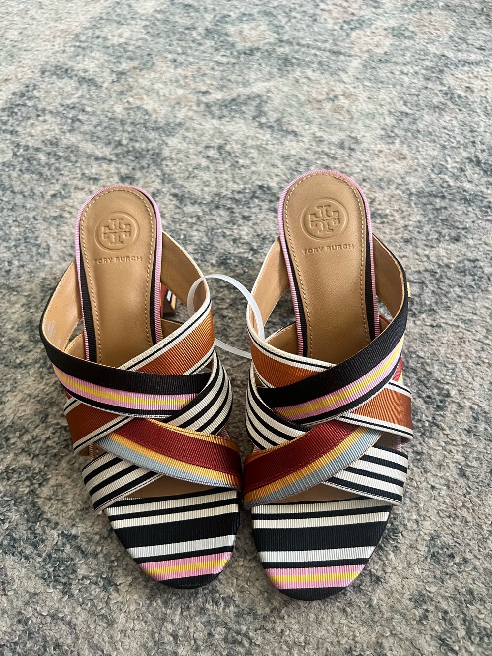 Tory Burch Multicolor Striped Crisscross Ribbon Mules
